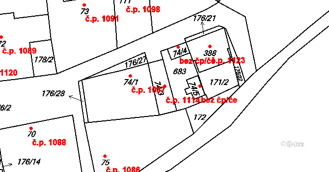 Břve 1114, Hostivice na parcele st. 74/3 v KÚ Litovice, Katastrální mapa
