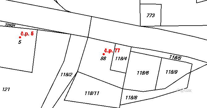 Kunětice 77 na parcele st. 88 v KÚ Kunětice, Katastrální mapa