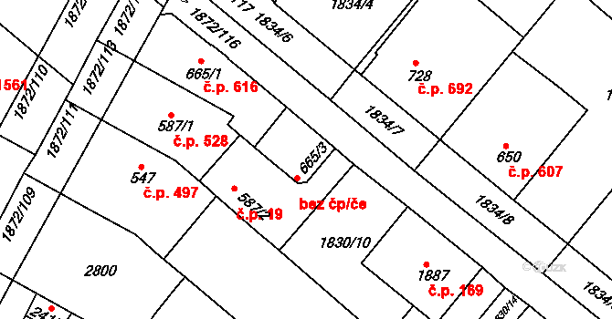 Tišnov 279 na parcele st. 665/3 v KÚ Tišnov, Katastrální mapa