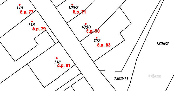 Mrlínek 83 na parcele st. 122 v KÚ Mrlínek, Katastrální mapa