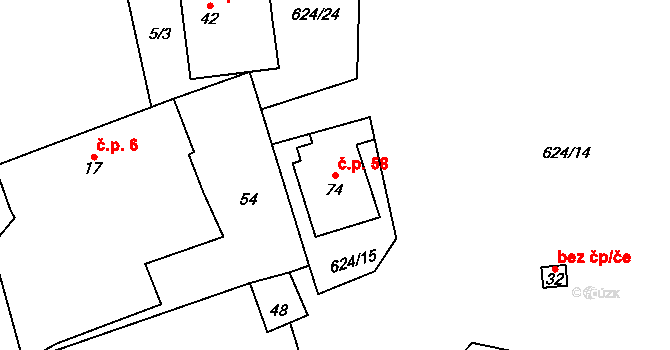 Kloužovice 58, Chýnov na parcele st. 74 v KÚ Kloužovice, Katastrální mapa