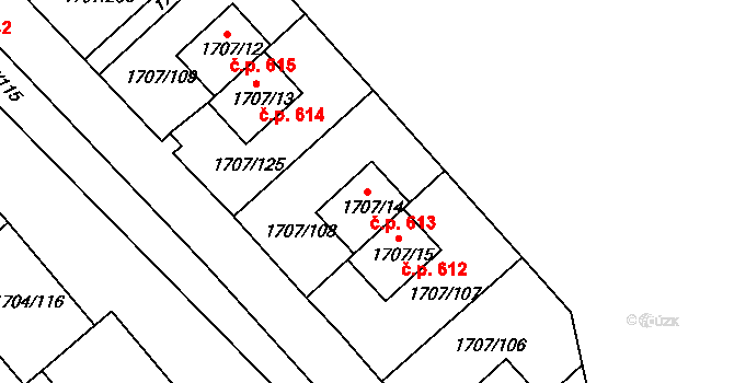 Miřetice u Klášterce nad Ohří 613, Klášterec nad Ohří na parcele st. 1707/14 v KÚ Miřetice u Klášterce nad Ohří, Katastrální mapa