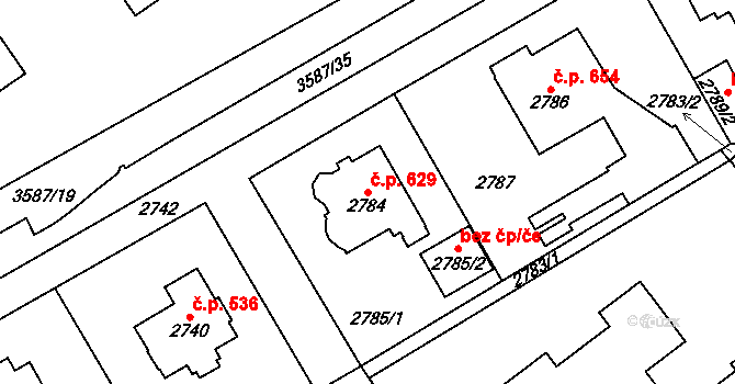 Řečkovice 629, Brno na parcele st. 2784 v KÚ Řečkovice, Katastrální mapa