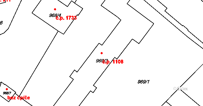 Pelhřimov 1108 na parcele st. 969/3 v KÚ Pelhřimov, Katastrální mapa