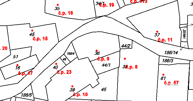 Hradešín 9 na parcele st. 36 v KÚ Hradešín, Katastrální mapa
