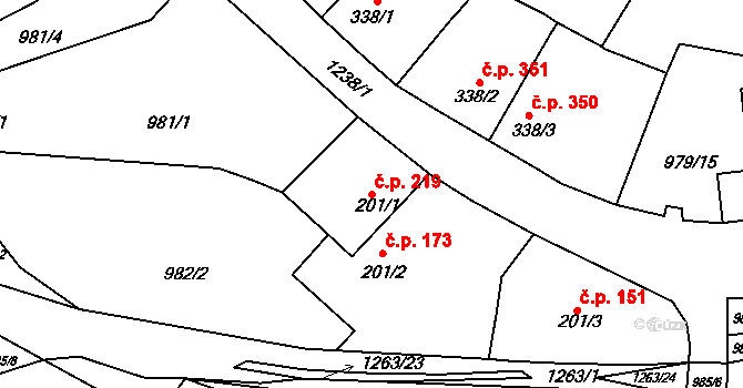 Bakov nad Jizerou 219 na parcele st. 201/1 v KÚ Bakov nad Jizerou, Katastrální mapa