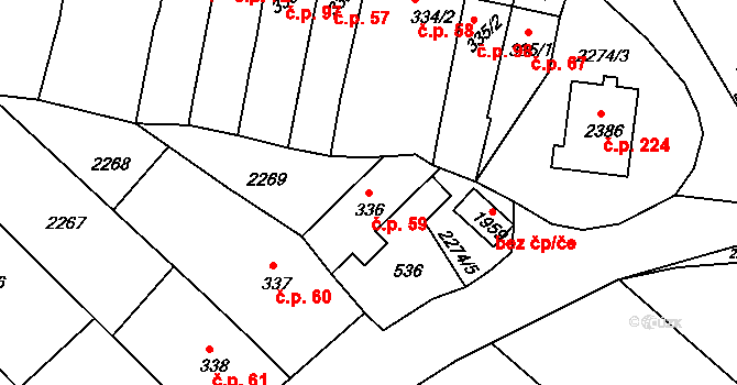 Pecínov 59, Nové Strašecí na parcele st. 336 v KÚ Nové Strašecí, Katastrální mapa