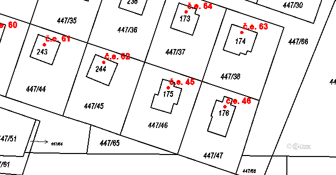 Hřiměždice 45 na parcele st. 175 v KÚ Hřiměždice, Katastrální mapa