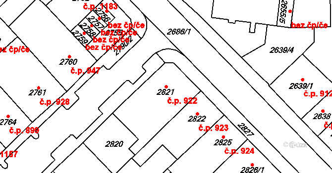Chomutov 922 na parcele st. 2821 v KÚ Chomutov I, Katastrální mapa