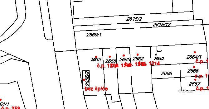 Šlapanice 1201 na parcele st. 2658 v KÚ Šlapanice u Brna, Katastrální mapa