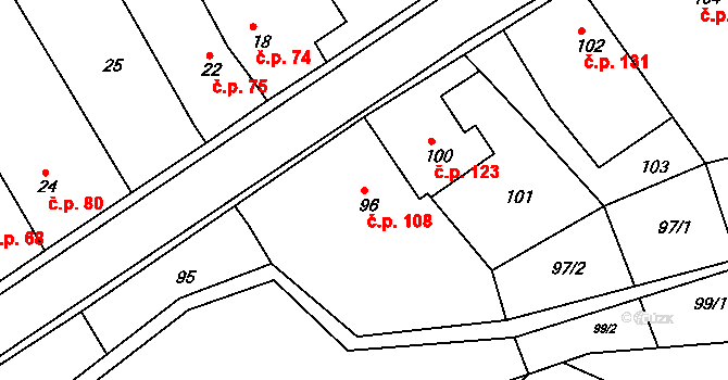 Kanice 108 na parcele st. 96 v KÚ Kanice, Katastrální mapa