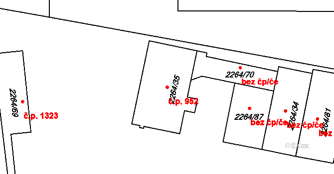 Doubravka 952, Plzeň na parcele st. 2264/35 v KÚ Doubravka, Katastrální mapa