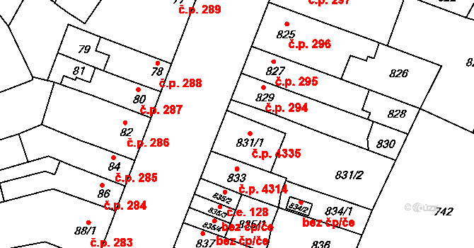 Židenice 4335, Brno na parcele st. 831/1 v KÚ Židenice, Katastrální mapa