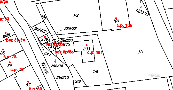 Šlapanov 181 na parcele st. 333 v KÚ Šlapanov, Katastrální mapa