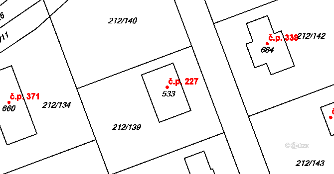 Řitka 227 na parcele st. 533 v KÚ Řitka, Katastrální mapa