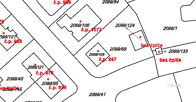 Lužice 947 na parcele st. 2099/105 v KÚ Lužice u Hodonína, Katastrální mapa