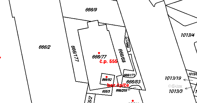 Medlánky 555, Brno na parcele st. 666/77 v KÚ Medlánky, Katastrální mapa