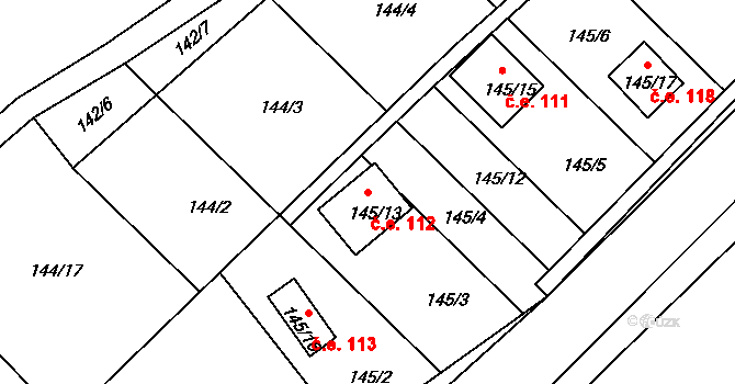 Dojetřice 112, Sázava na parcele st. 145/13 v KÚ Dojetřice, Katastrální mapa
