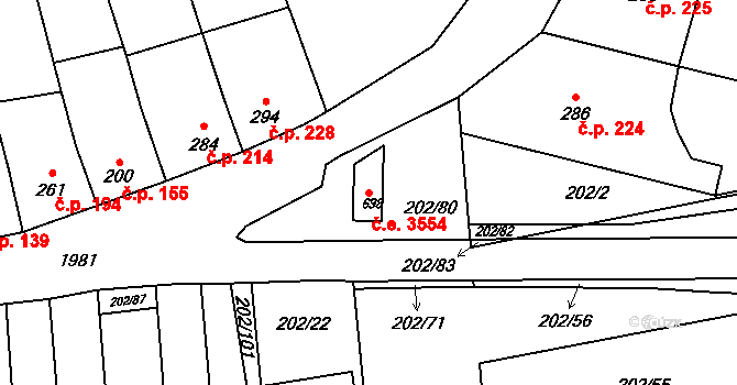 Louky 3554, Zlín na parcele st. 698 v KÚ Louky nad Dřevnicí, Katastrální mapa