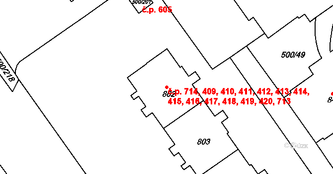 Střížkov 409,410,411,412,413,, Praha na parcele st. 802 v KÚ Střížkov, Katastrální mapa