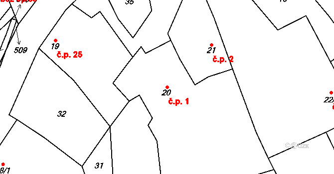 Divišov 1, Bystřice nad Pernštejnem na parcele st. 20 v KÚ Divišov, Katastrální mapa