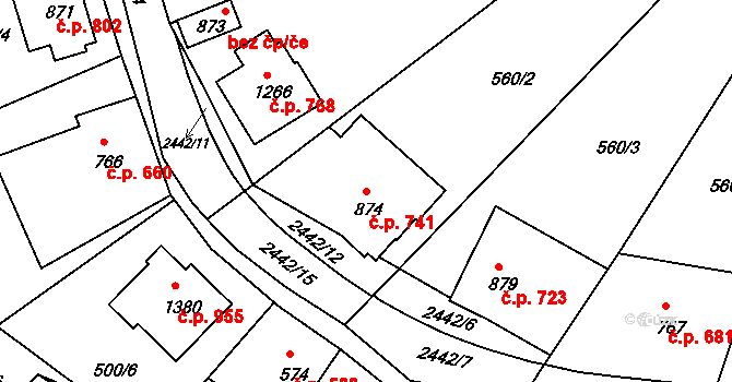 Luhačovice 741 na parcele st. 874 v KÚ Luhačovice, Katastrální mapa