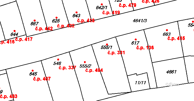 Ostrožská Lhota 331 na parcele st. 555/1 v KÚ Ostrožská Lhota, Katastrální mapa