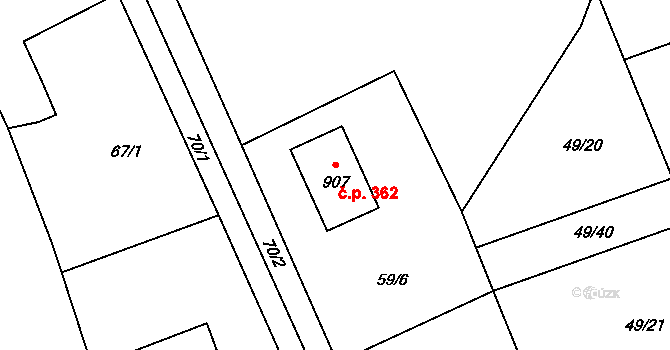 Dobřív 362 na parcele st. 907 v KÚ Dobřív, Katastrální mapa