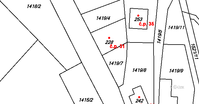 Kvasín 31, Tisovec na parcele st. 228 v KÚ Kvasín, Katastrální mapa