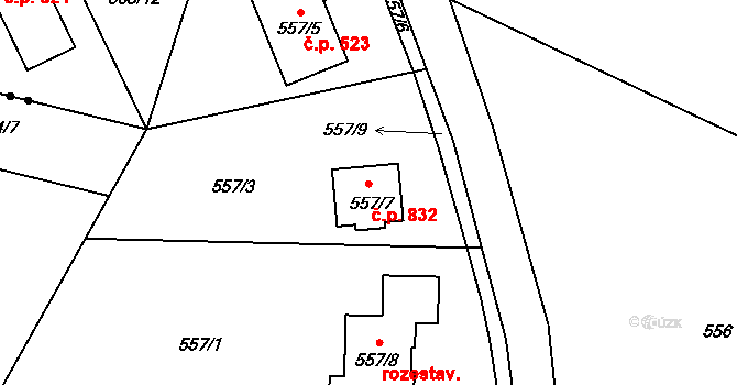 Srubec 832 na parcele st. 557/7 v KÚ Srubec, Katastrální mapa