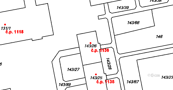 Nýřany 1136 na parcele st. 143/26 v KÚ Nýřany, Katastrální mapa