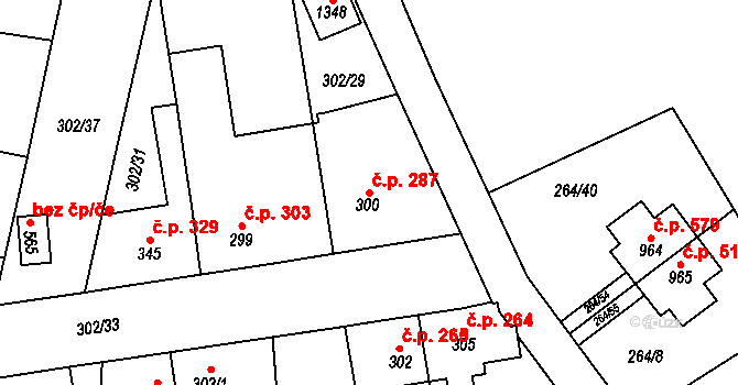 Rosice 287, Pardubice na parcele st. 300 v KÚ Rosice nad Labem, Katastrální mapa