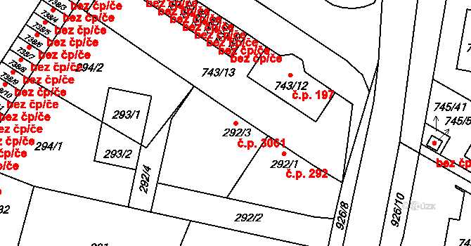 Milovice 3061 na parcele st. 292/3 v KÚ Milovice nad Labem, Katastrální mapa