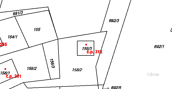 Suché Lazce 312, Opava na parcele st. 158/3 v KÚ Suché Lazce, Katastrální mapa