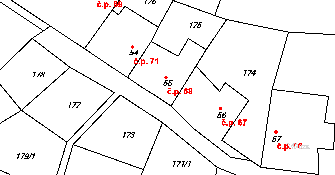 Krušovice 68 na parcele st. 55 v KÚ Krušovice, Katastrální mapa