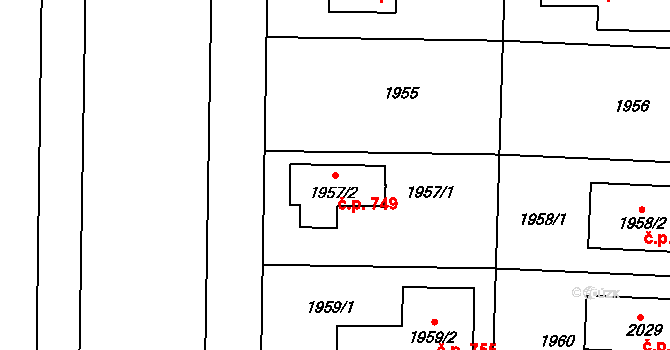 Dubeč 749, Praha na parcele st. 1957/2 v KÚ Dubeč, Katastrální mapa