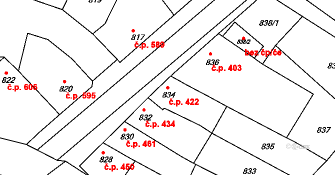 Jaroslavice 422 na parcele st. 834 v KÚ Jaroslavice, Katastrální mapa
