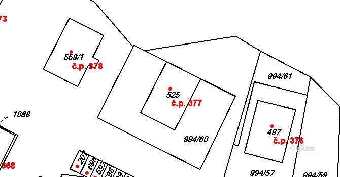 Jevišovice 377 na parcele st. 525 v KÚ Jevišovice, Katastrální mapa