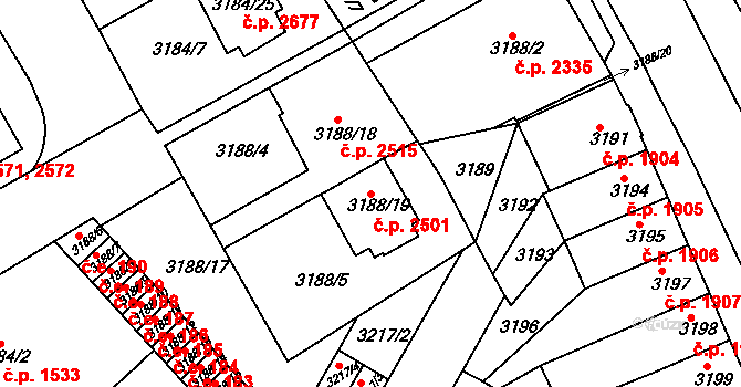 Znojmo 2501 na parcele st. 3188/19 v KÚ Znojmo-město, Katastrální mapa