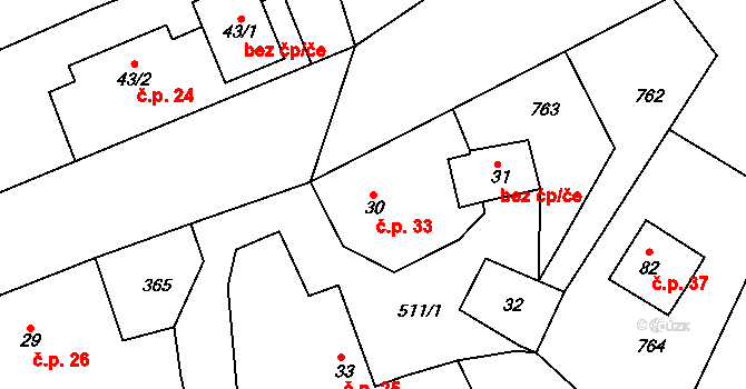 Lány 33, Červené Janovice na parcele st. 30 v KÚ Vilémovice u Červených Janovic, Katastrální mapa