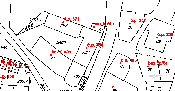 Brtnice 361 na parcele st. 70/1 v KÚ Brtnice, Katastrální mapa