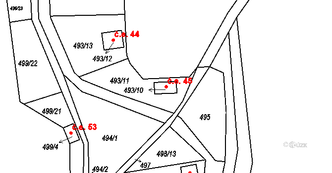 Hruškové Dvory 45, Jihlava na parcele st. 493/10 v KÚ Hruškové Dvory, Katastrální mapa