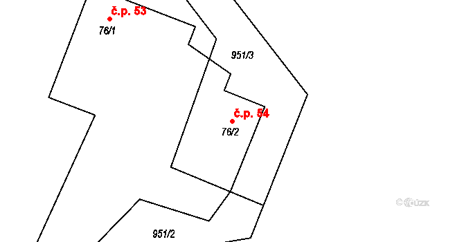 Hybrálec 54 na parcele st. 76/2 v KÚ Hybrálec, Katastrální mapa