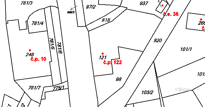 Habartice 122 na parcele st. 121/1 v KÚ Habartice u Frýdlantu, Katastrální mapa