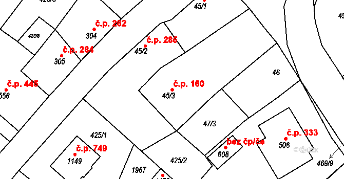Dolní Bousov 160 na parcele st. 45/3 v KÚ Dolní Bousov, Katastrální mapa
