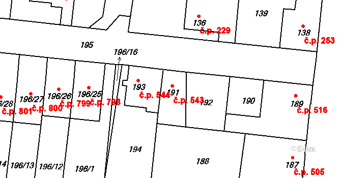 Kosmonosy 543 na parcele st. 191 v KÚ Kosmonosy, Katastrální mapa
