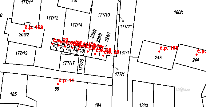 Liběšice 29 na parcele st. 224/2 v KÚ Liběšice u Litoměřic, Katastrální mapa