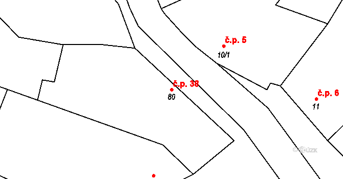 Hruška 38 na parcele st. 80 v KÚ Hruška, Katastrální mapa