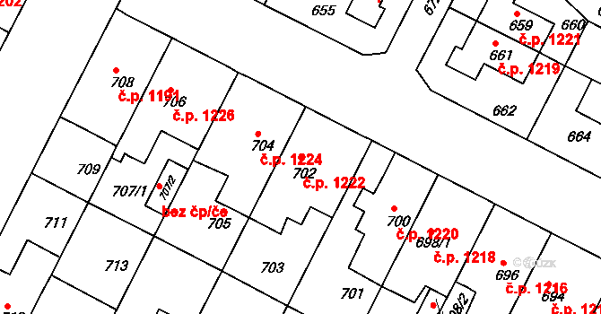 Černá Pole 1222, Brno na parcele st. 702 v KÚ Černá Pole, Katastrální mapa