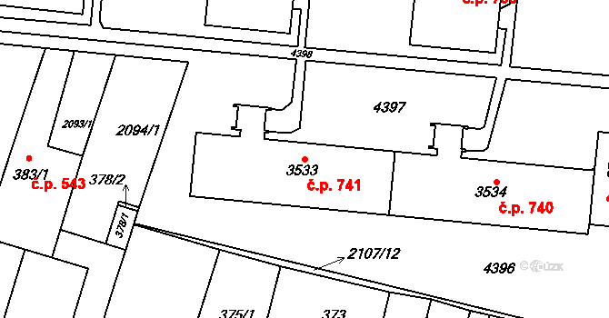 Komín 741, Brno na parcele st. 3533 v KÚ Komín, Katastrální mapa